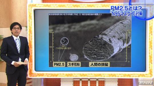 Televizyonda PM 2.5 anlatılıyor. Sağdaki boruya benzeyen şekil insan saçı, soldaki beyaz daire içine alınmış PM2.5 partikülleri büyütülmüş