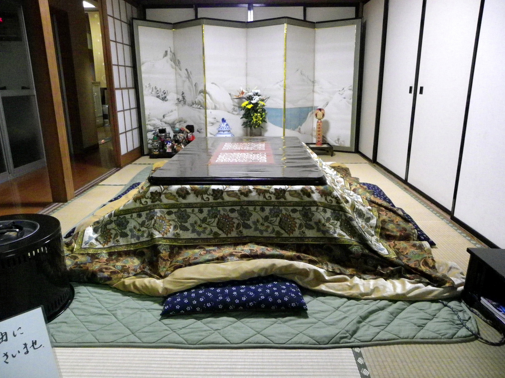 Tipik bir kotatsu (foto:Rosario), yorganla kaplanmış
